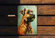 a picture of a dog on a wooden bench