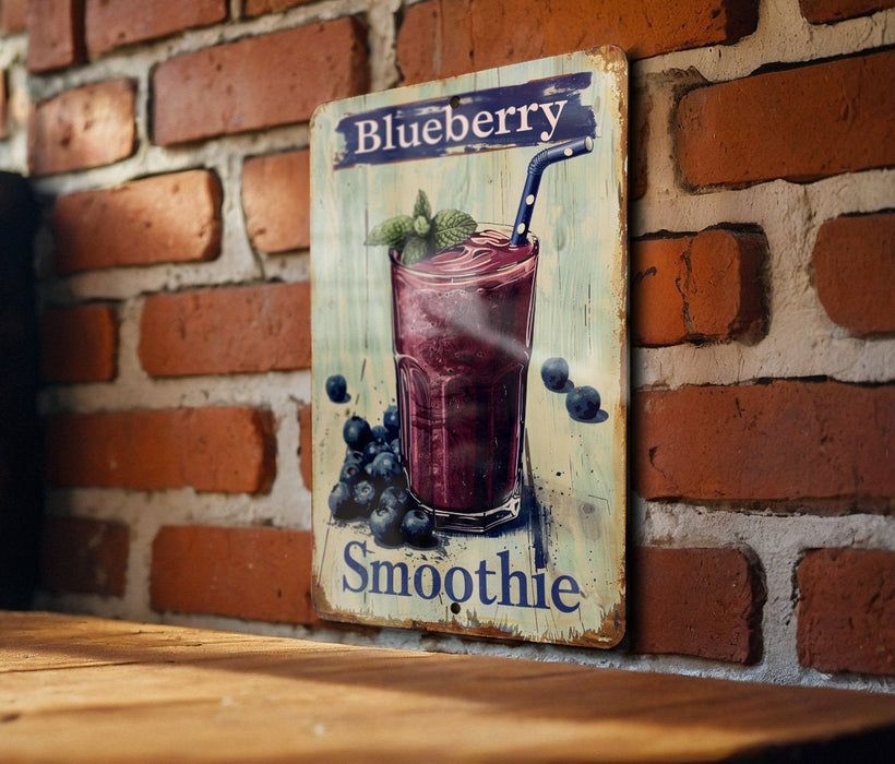 a blueberry smoothie sign on a brick wall