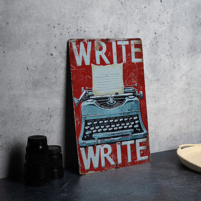 a wooden sign with a typewriter on it
