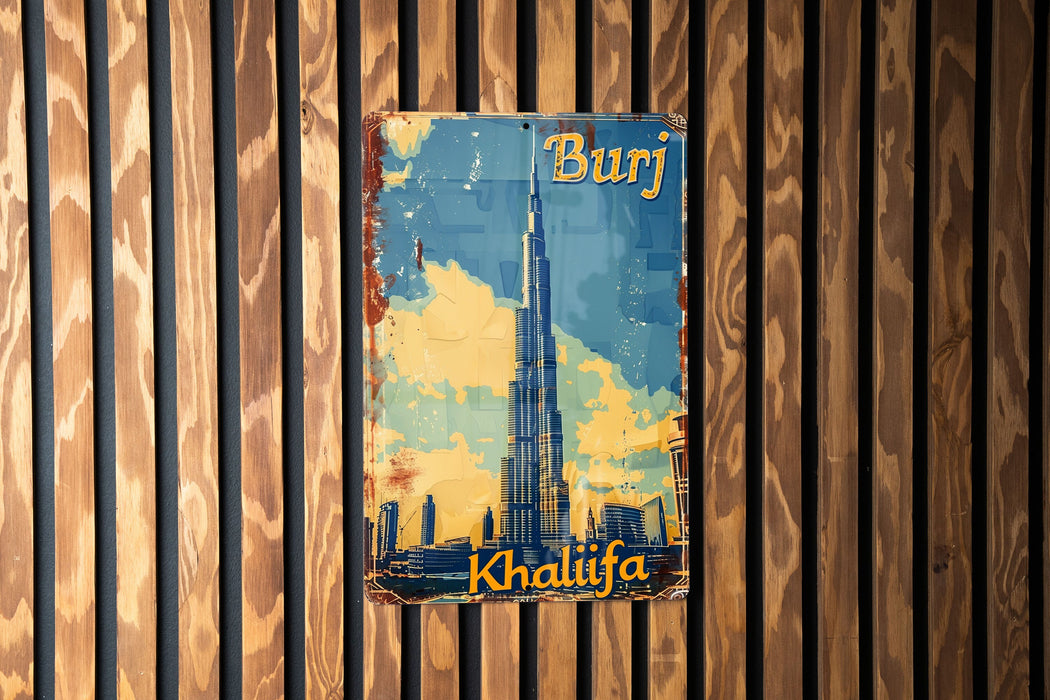 a picture of a burj sign on a wooden wall