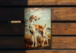a picture of a dog on a wooden bench