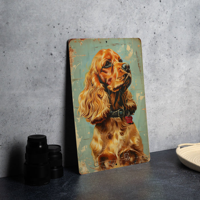 a painting of a cocker spaniel sitting on a table