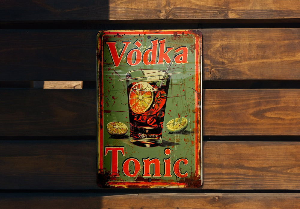 a metal sign that says vodka tonic on it