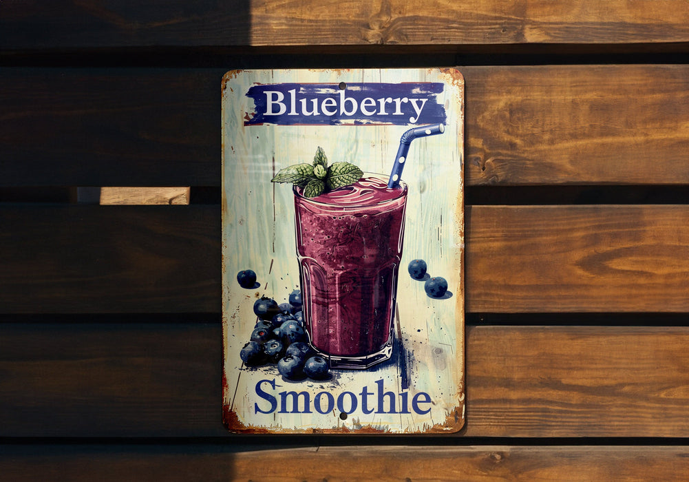 a blueberry smoothie sign hanging on a wooden wall