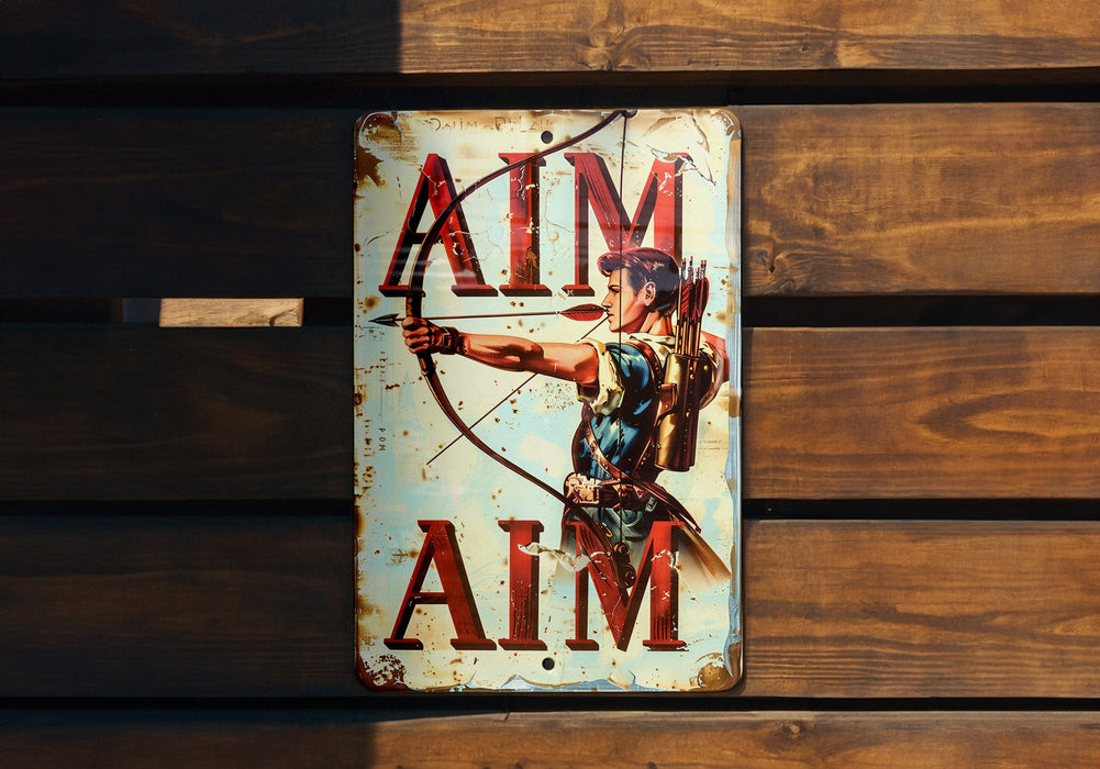 a sign on a wooden wall that says aim aim