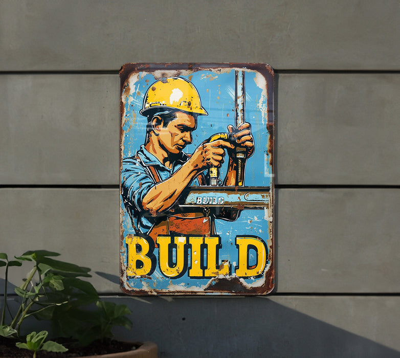 a sign on the side of a building that says build