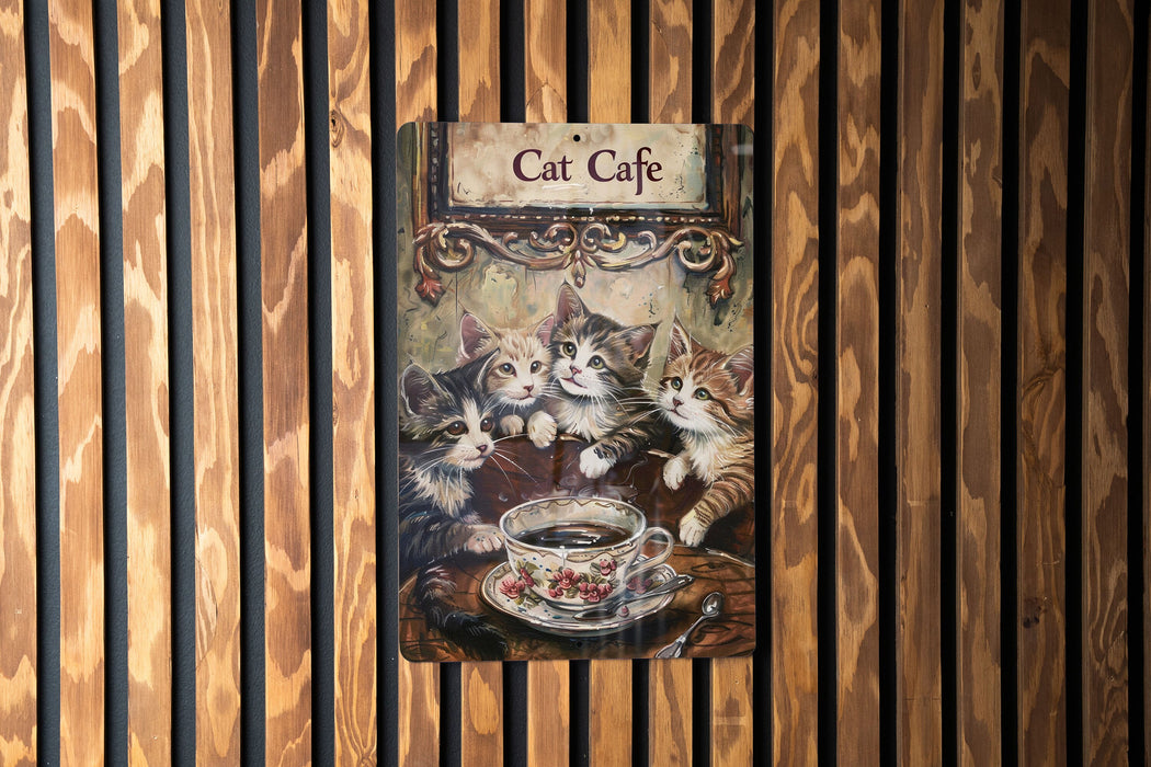 a cat cafe sign hanging on a wooden wall