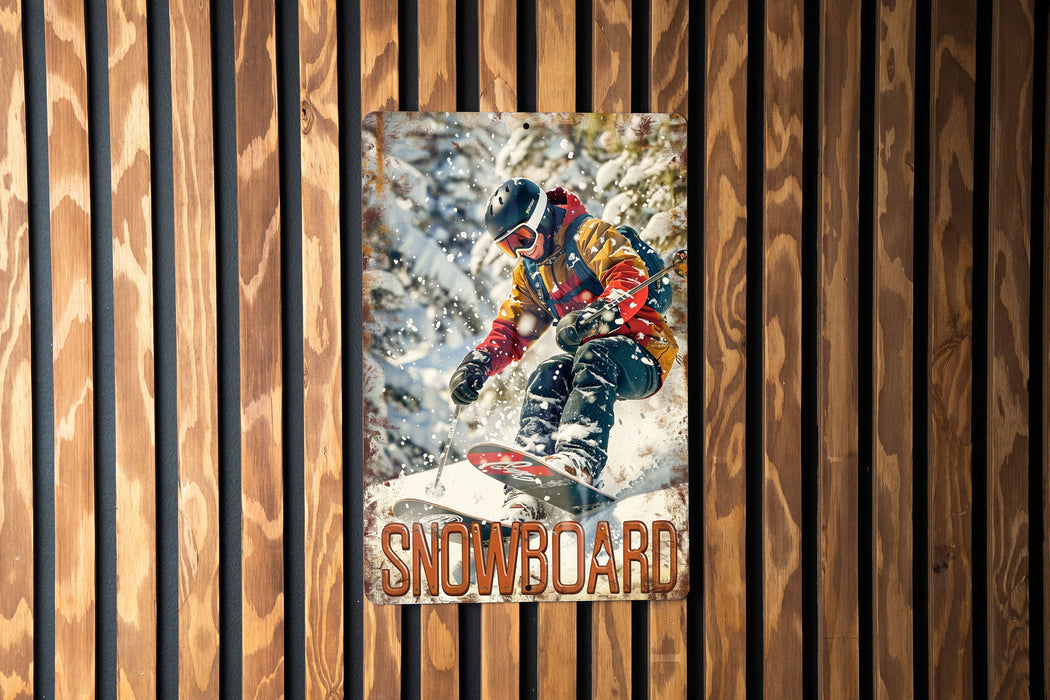 a picture of a snowboarder on a wooden wall