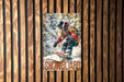 a picture of a snowboarder on a wooden wall