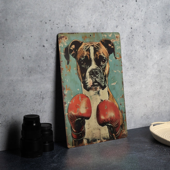 a painting of a boxer dog with red boxing gloves