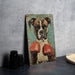 a painting of a boxer dog with red boxing gloves