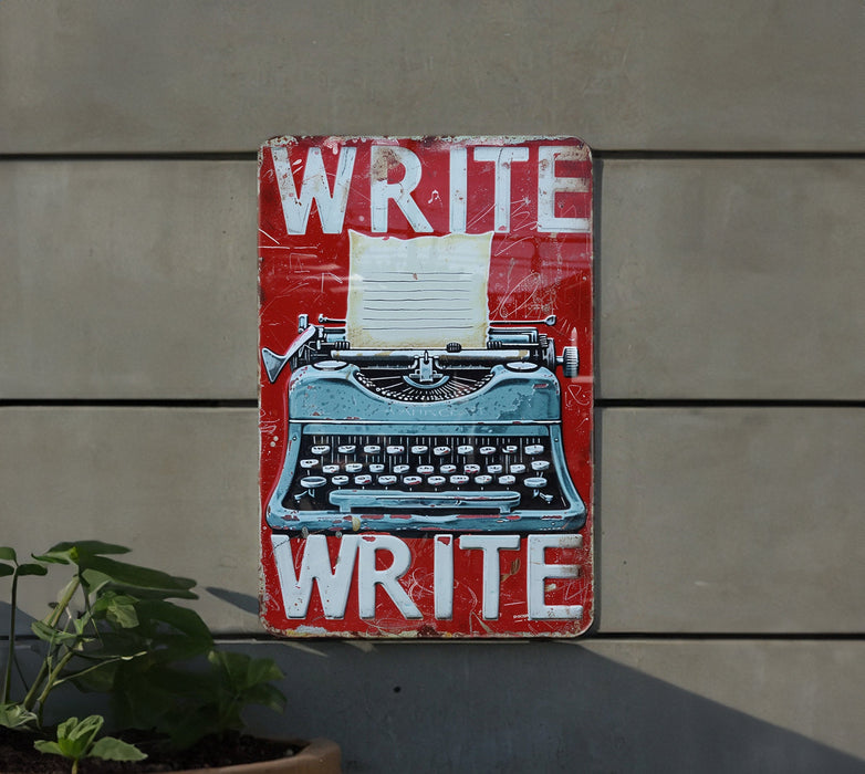 a red and white sign with a typewriter on it
