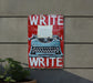 a red and white sign with a typewriter on it