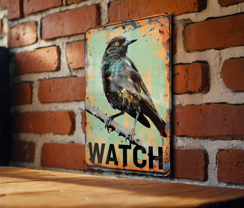 a picture of a bird on a sign on a brick wall