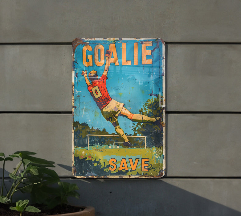 a vintage goalie sign hangs on a wall
