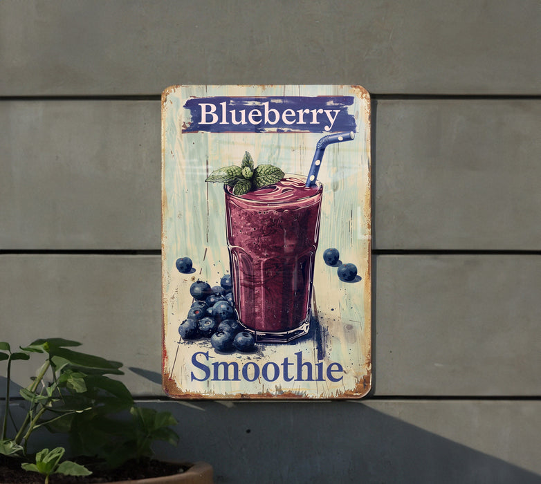 a blueberry smoothie sign hanging on the side of a building