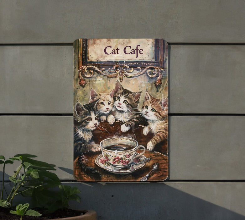 a painting of three cats sitting on a table with a cup of coffee
