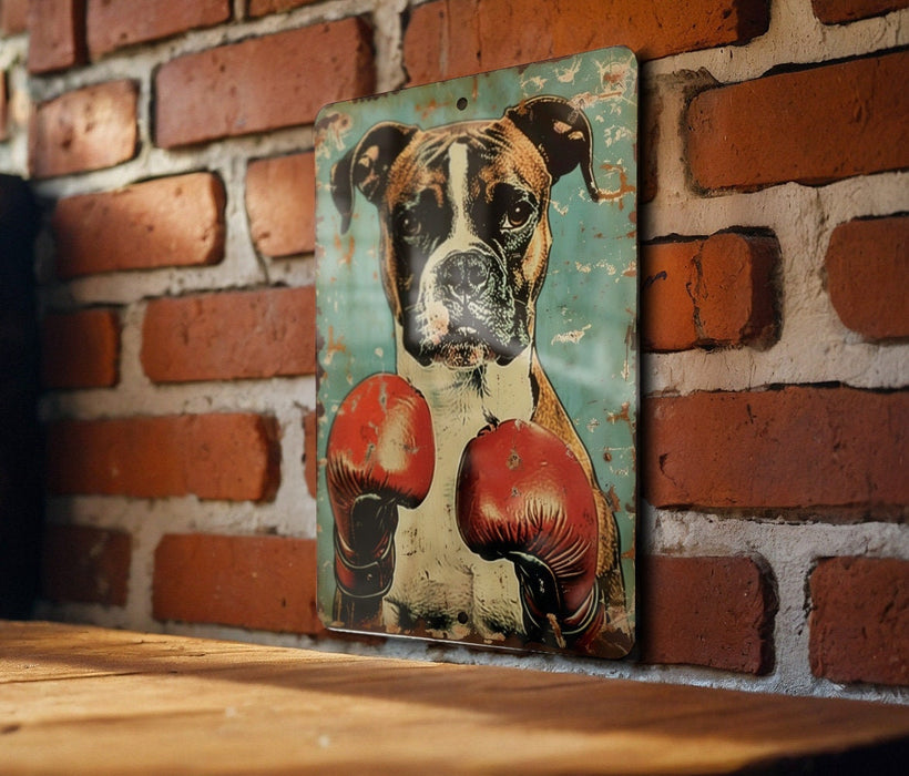 a picture of a boxer dog on a brick wall