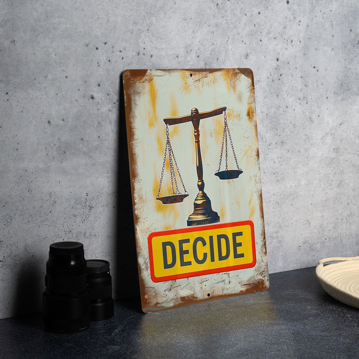 a sign that says decide with a scale on it