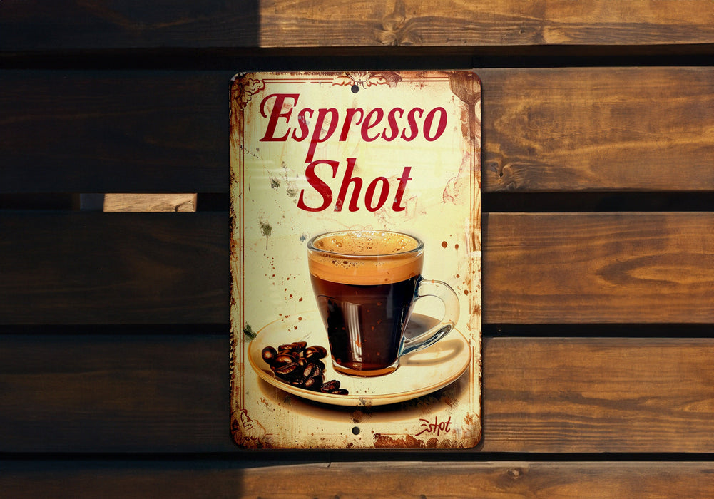a sign that says espresso shot with a cup of coffee