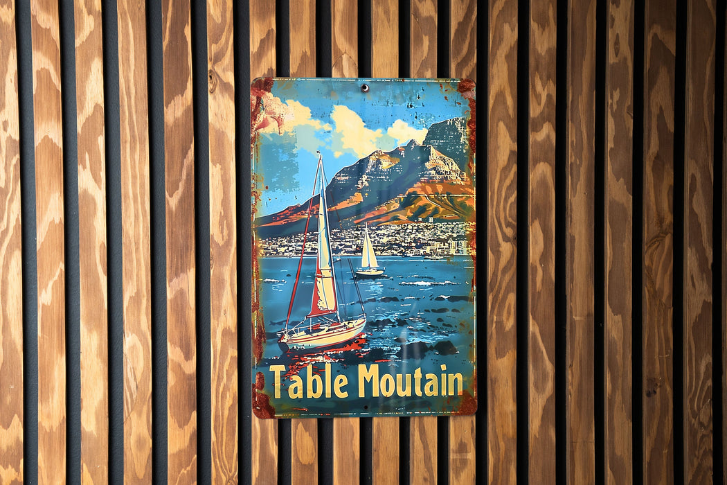 a picture of a table mountain sign on a wooden wall