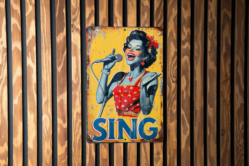 a sign on a wooden wall that says sing