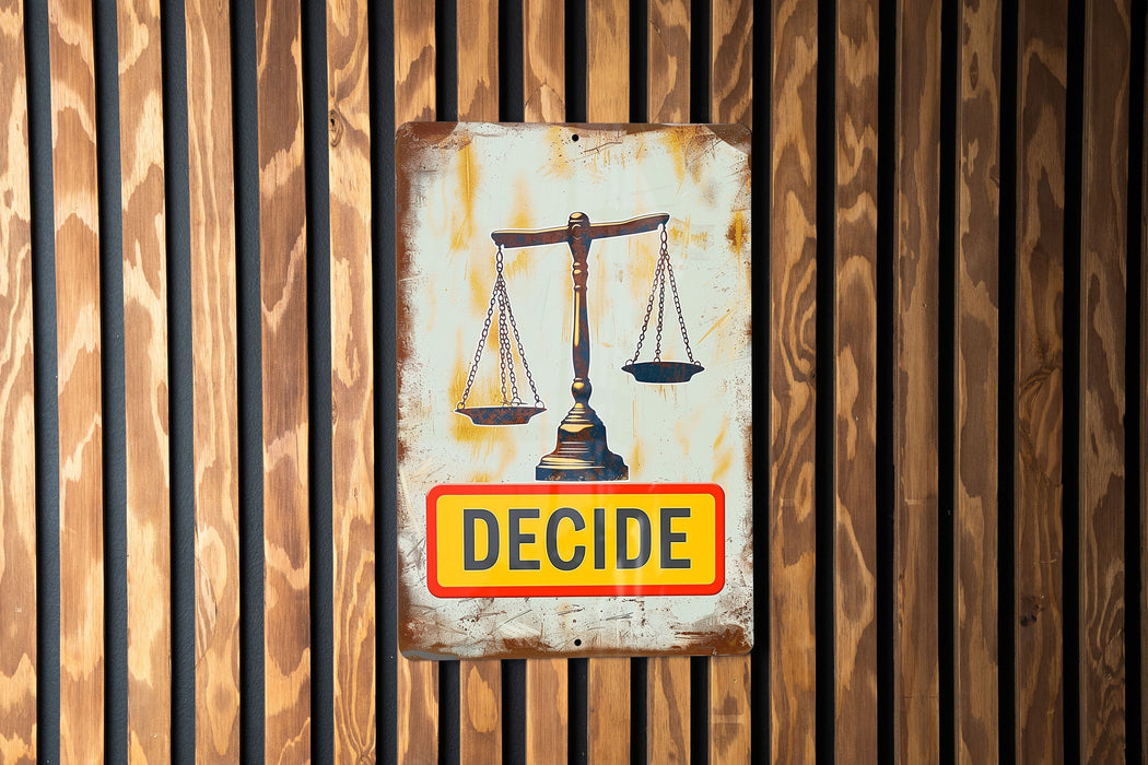 a sign on a wooden wall that says decide