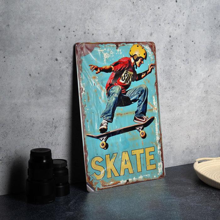 a skateboarder riding a skateboard on a metal sign