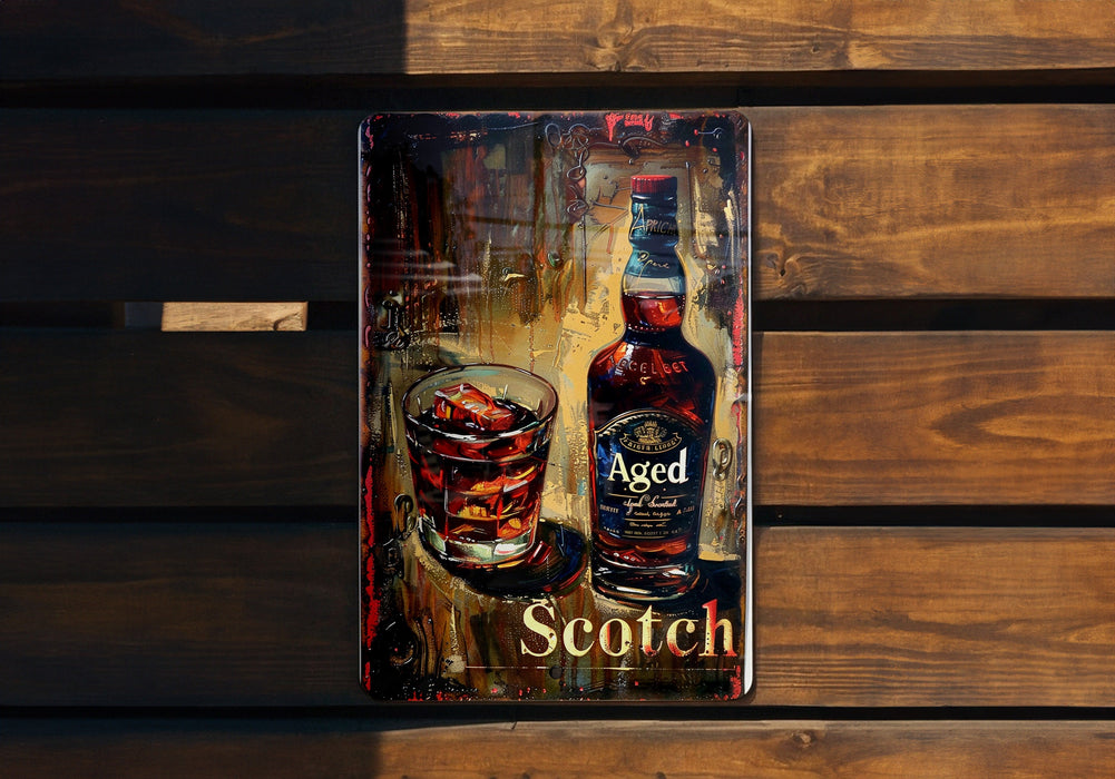 a painting of a bottle of scotch on a wooden bench