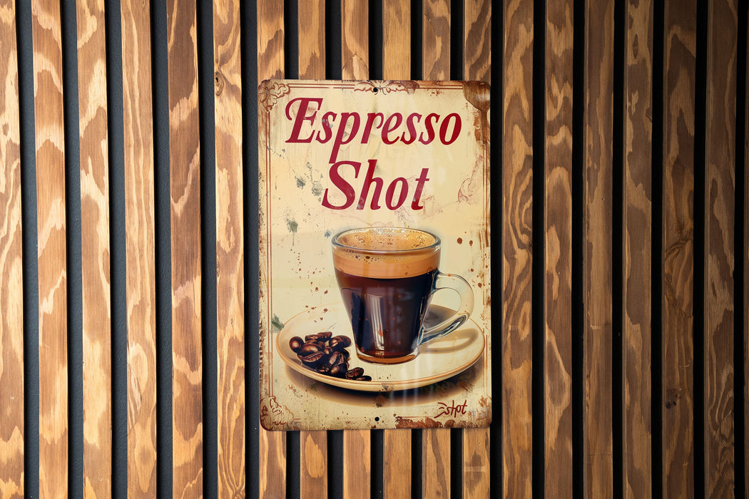 a sign on a wooden wall advertising espresso shot