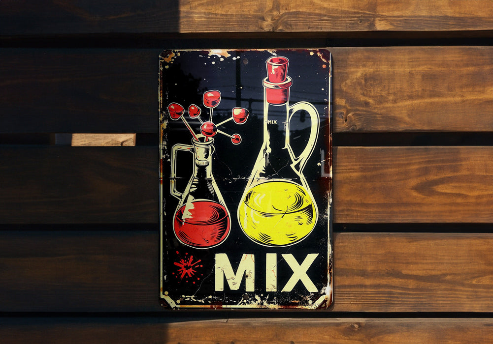 a sign on a wooden bench that says mix