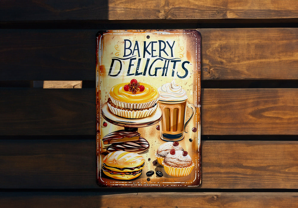 a sign on a wooden wall that says bakery delights
