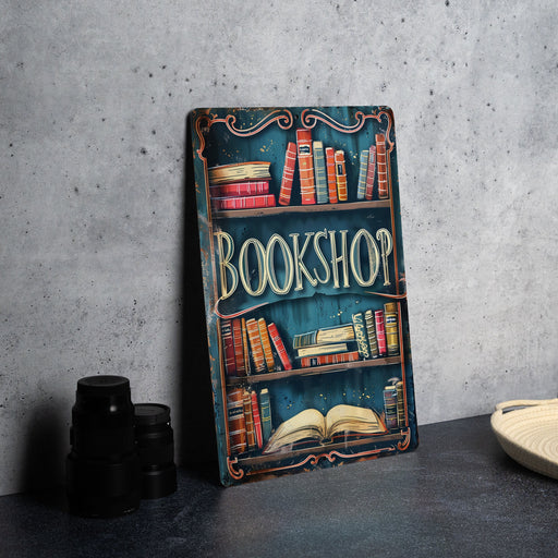a book shelf with books on it next to a plate