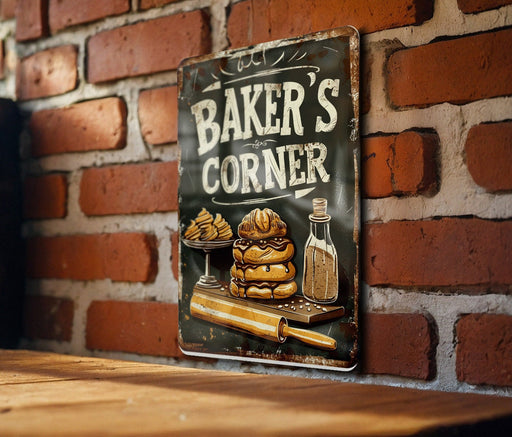 a sign on a brick wall that says baker's corner