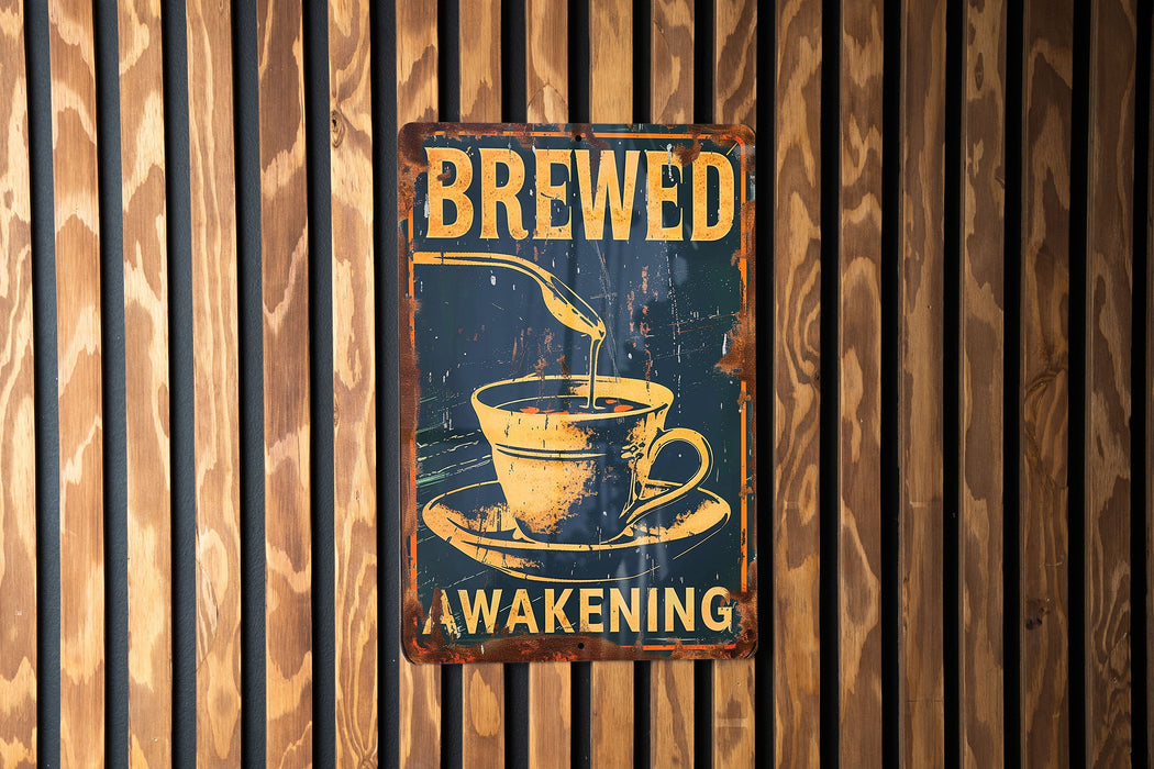 a sign on a wooden wall that reads brewed wakening