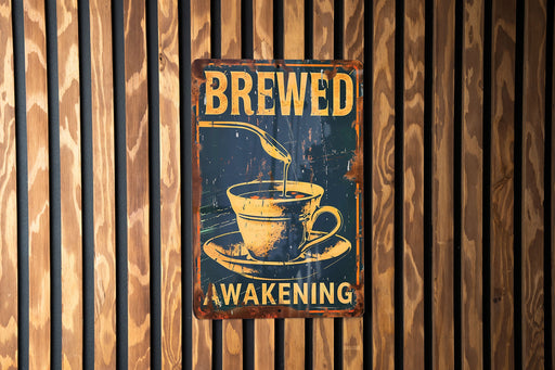 a sign on a wooden wall that reads brewed wakening