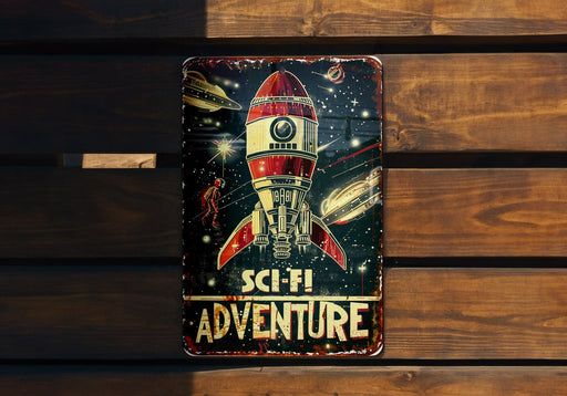 a metal box with a picture of a rocket ship on it