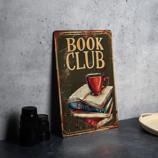 a book club sign sitting on top of a table