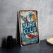 a surf club sign sitting on top of a table