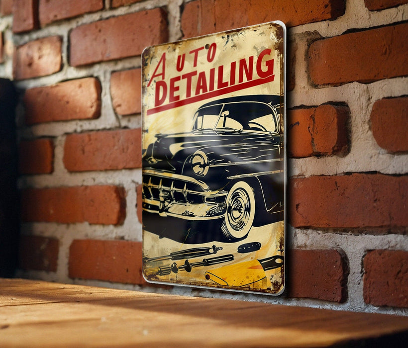 a vintage metal sign on a brick wall