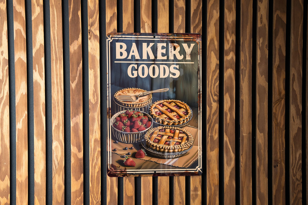 a bakery sign hanging on the side of a wooden wall