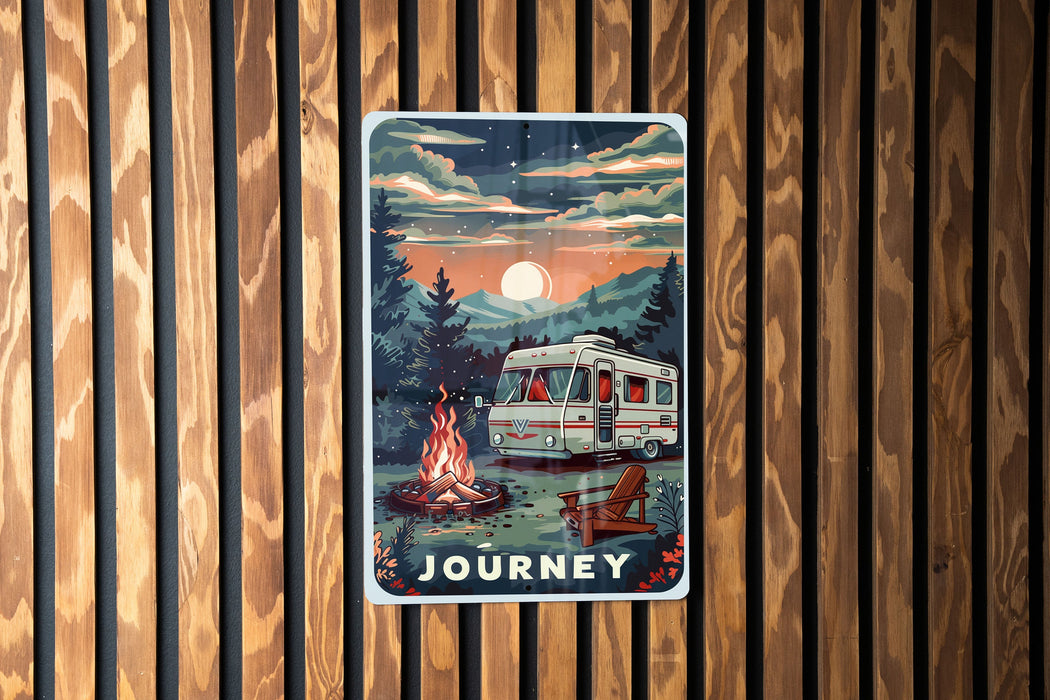 a poster of a camper sitting next to a fire