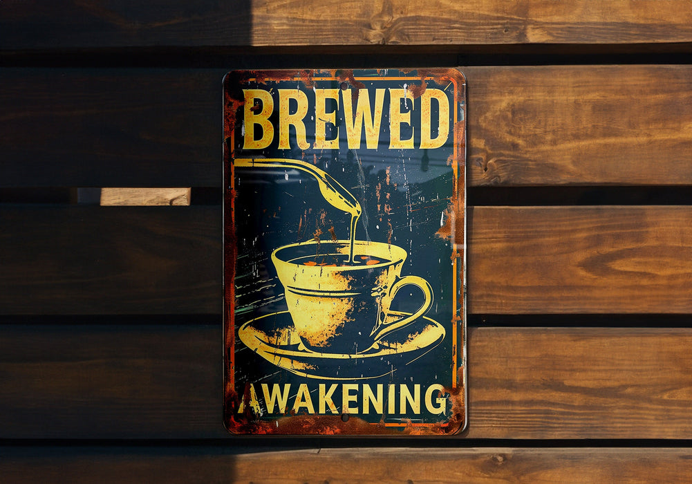 a metal sign with a cup of coffee on it