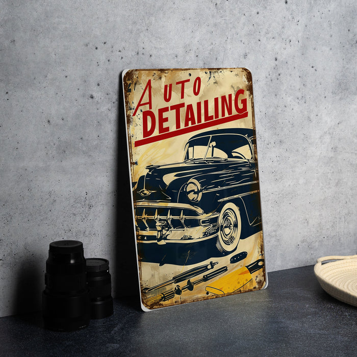 an old metal sign with a classic car on it