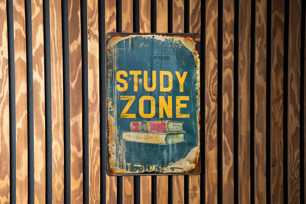 a sign on a wooden wall that says study zone