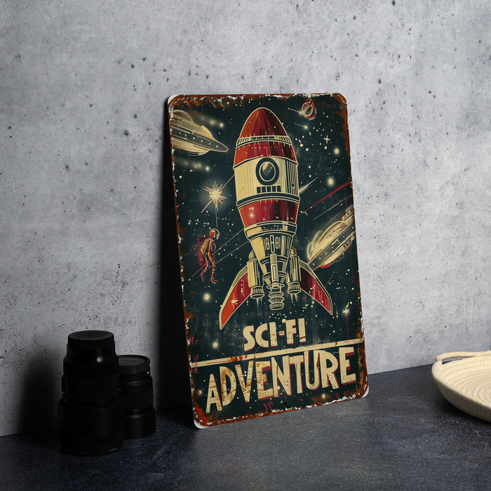 a metal sign that says sch'h adventure on it