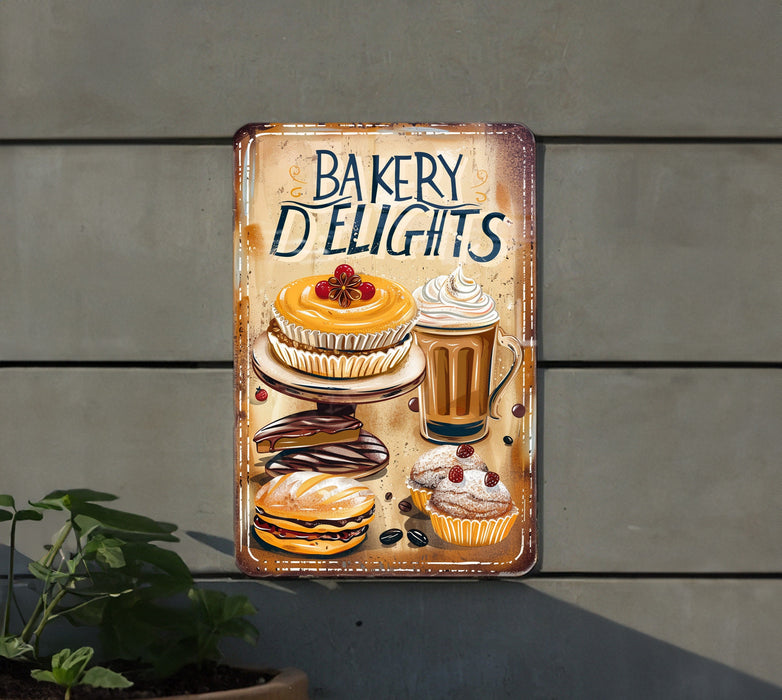 a sign on a wall that says bakery delights