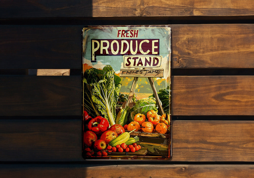 a fresh produce stand sign hanging on a wooden wall