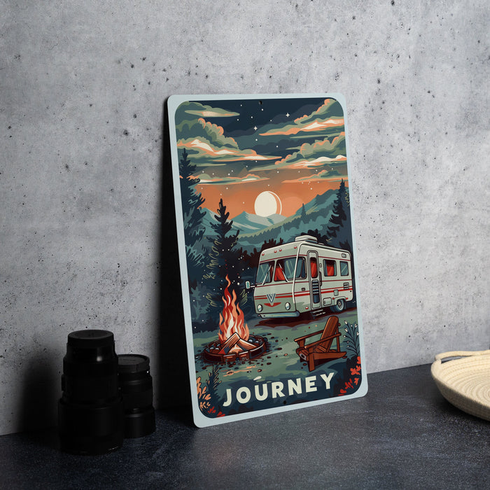 a poster of a camper sitting next to a campfire