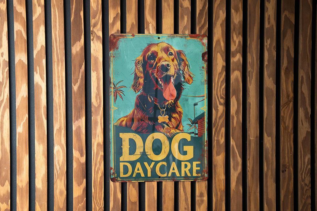 a dog day care sign on a wooden wall